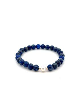 14K Solid Gold Tiny Beads Freshwater Pearl Lapis Stretch Gemstone Bracelet